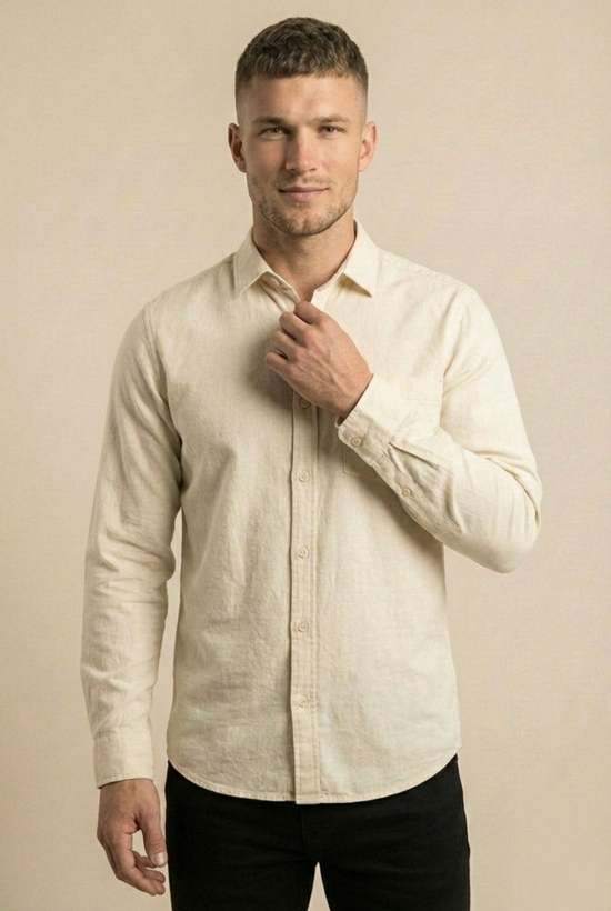 تنخور از جلو پیراهن مردانه سفید شیری آستین بلند نخ پنبه SIGMA MEN