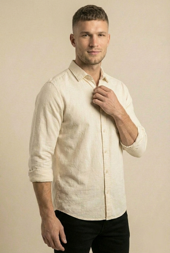 خرید پیراهن مردانه سفید شیری آستین بلند نخ پنبه SIGMA MEN