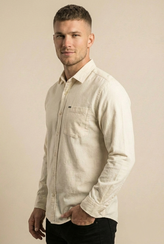 خرید پیراهن مردانه سفید شیری آستین بلند نخ پنبه SIGMA MEN