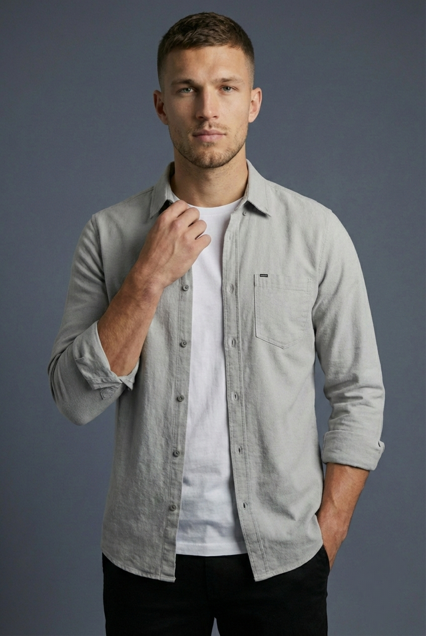 پیراهن مردانه طوسی آستین با سبک کژوال بلند نخ پنبه SIGMA MEN