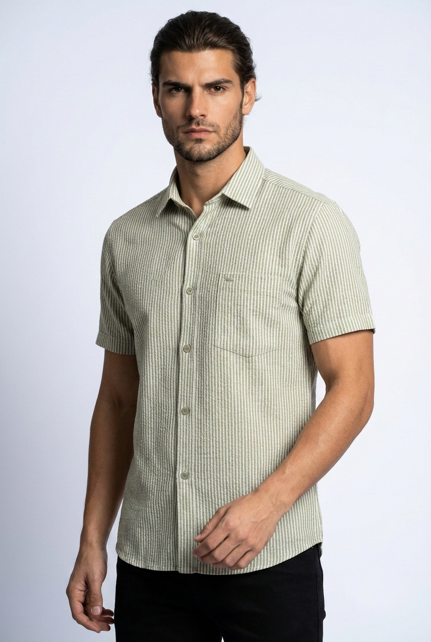 پیراهن مردانه آستین کوتاه راه راه کنفی سبز SIGMA MEN