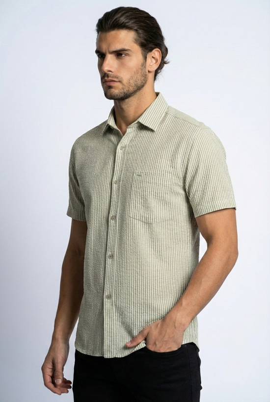 پیراهن مردانه آستین کوتاه راه راه کنفی سبز SIGMA MEN