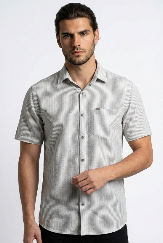 پیراهن مردانه آستین کوتاه راه راه کنفی طوسی SIGMA MEN