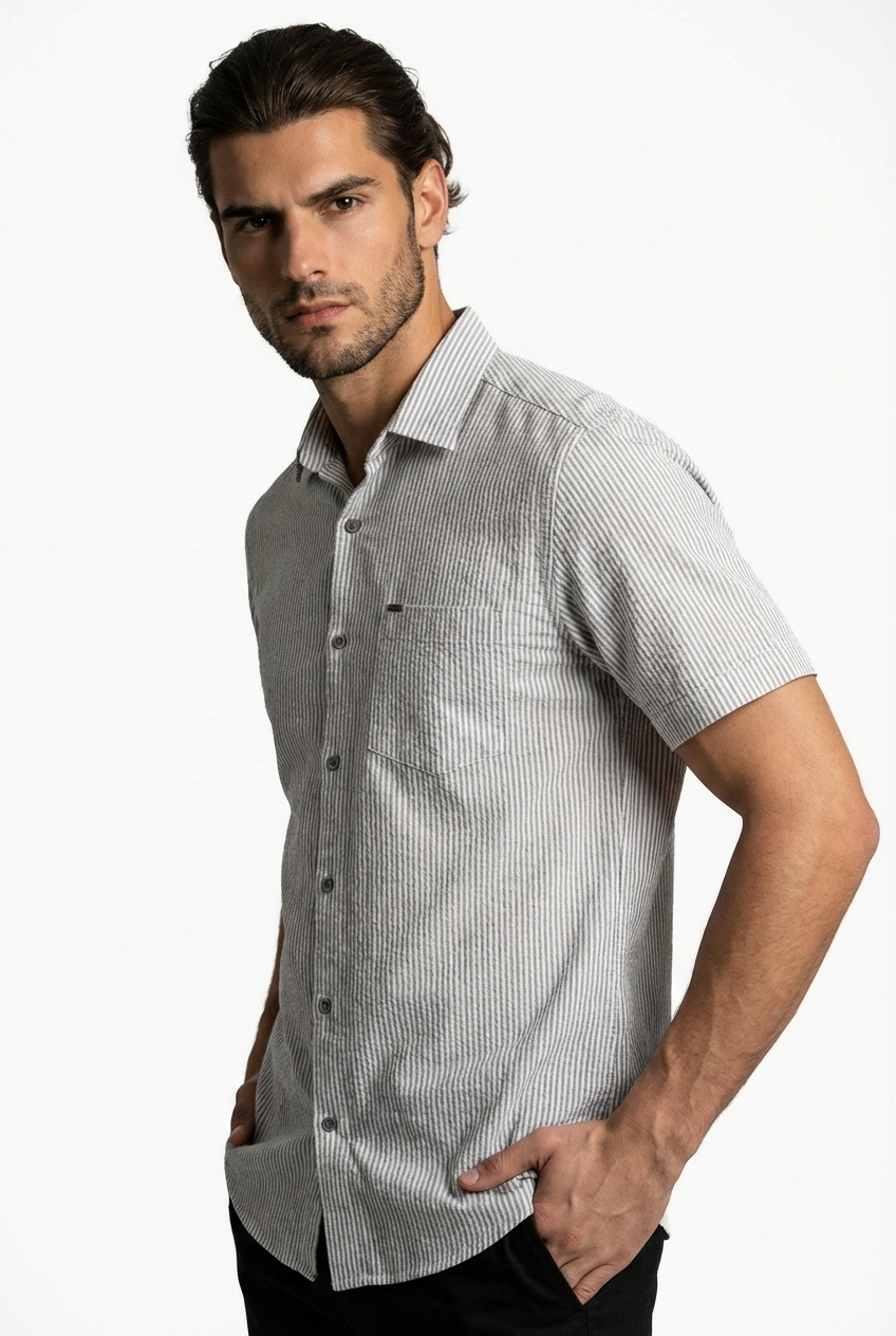 پیراهن مردانه آستین کوتاه راه راه کنفی طوسی SIGMA MEN