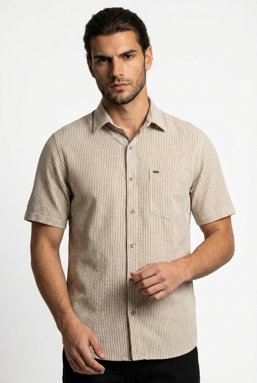 پیراهن مردانه آستین کوتاه راه راه کنفی کرم SIGMA MEN