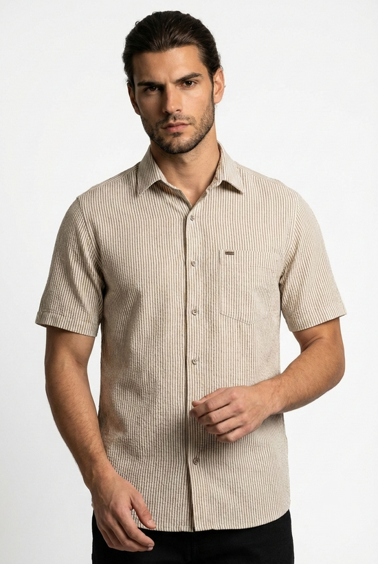 پیراهن مردانه آستین کوتاه راه راه کنفی کرم SIGMA MEN