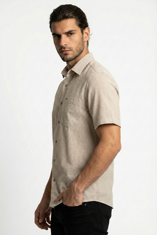 پیراهن مردانه آستین کوتاه راه راه کنفی کرم SIGMA MEN